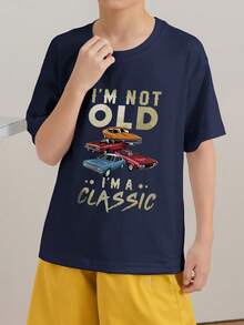 青少年男孩学生休闲印花圆领短袖 T 恤，夏季上衣