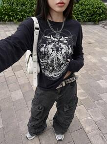 Rikumo 哥特印花圆领长袖赛博朋克Y2K风格女式套头卫衣，街头风冬季单品 - 藏蓝色 - 查看 1