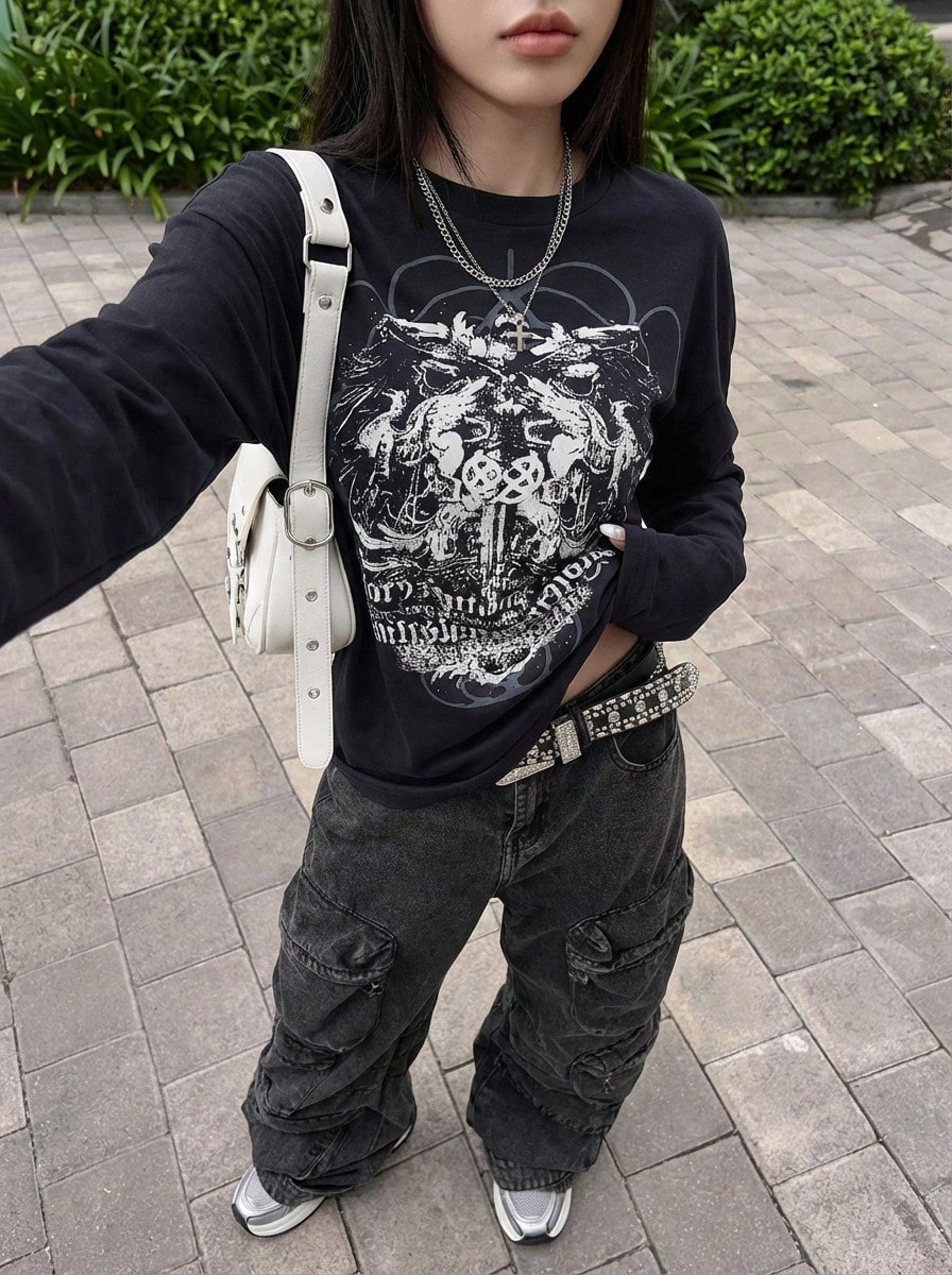 Rikumo 哥特印花圆领长袖赛博朋克Y2K风格女式套头卫衣，街头风冬季单品 - 藏蓝色 - 查看 1