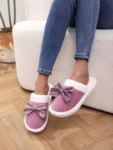 Women's Bow-Knot Plush Warm Slippers, Comfortable Indoor Anti-Slip Bedroom Slippers For Hardwood Floors, Suitable For Autumn/Winter - Lilac Purple - View 7