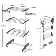 HOMCOM Clothes Drying Tower With Wheels, 3 Levels, Freestanding Folding Dryer With Side Extensions, In Grey Steel.
