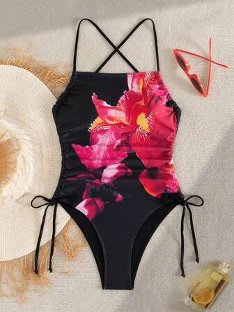 1pc Floral Print Elegant Knitwear Twist Tie Backless Swimsuit For Women, Beach Resort Summer