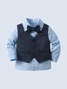 BOARNSEORL Bộ trang phục quý ông 3 món cho bé trai: Áo sơ mi trắng tay dài có nơ, áo vest xanh lá cây và quần dài, Fashionamantic cho Giáng sinh, tiệc sinh nhật, đám cưới, lễ rửa tội, sinh nhật lần thứ 1 - Màu xanh hải quân - Xem 5