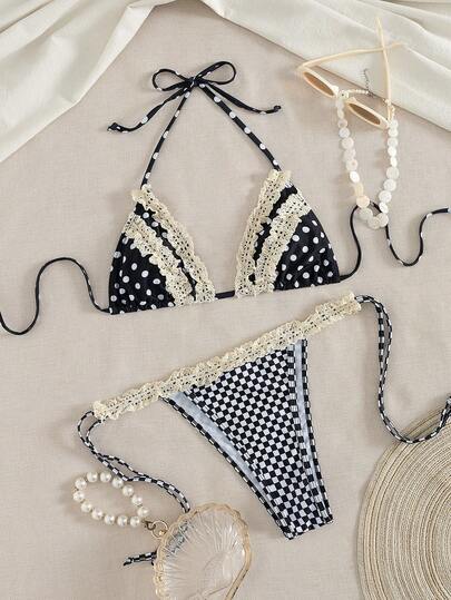 Bikini à nœud sur le côté avec imprimé à pois, carreaux et fleurs, style bombshell. Bas triangle à fleurs, dos ouvert, style boho chic, élégant et sexy. Parfait pour la plage, les vacances, les sorties et les soirées