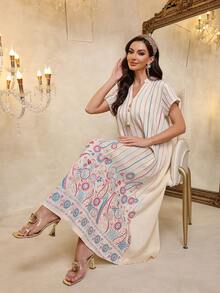 Elegant Embroidered Arabic Dress, JALABIA Tasseled Sash Short Sleeve V-Neck Dress, Ramadan Atmosphere, Soft 2026 New Design Robe Summer - Apricot - View 9