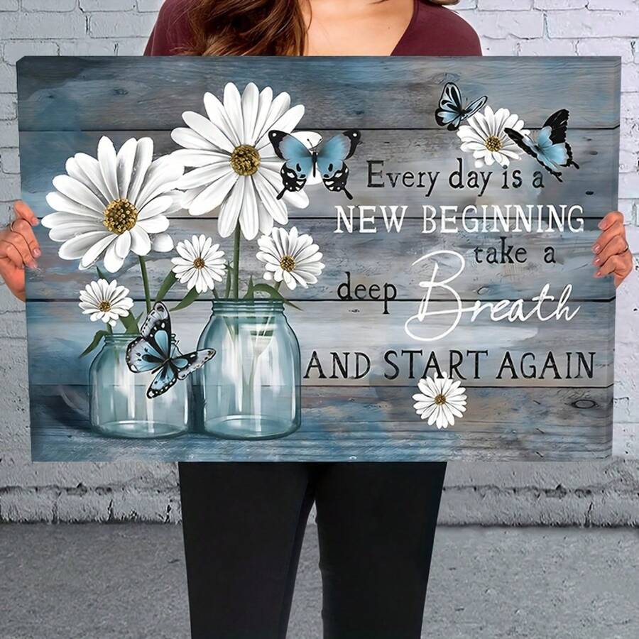 2D flat-Wooden Framed Canvas Painting - 1pc Daisy Inspirational Motivation Quotes Wall Art Prints - Ready to Hang for Home Decoration, Living Room & Bedroom, Festival Party Decor, Gifts-Wrapped Canvas - Multicolor - Ver 1