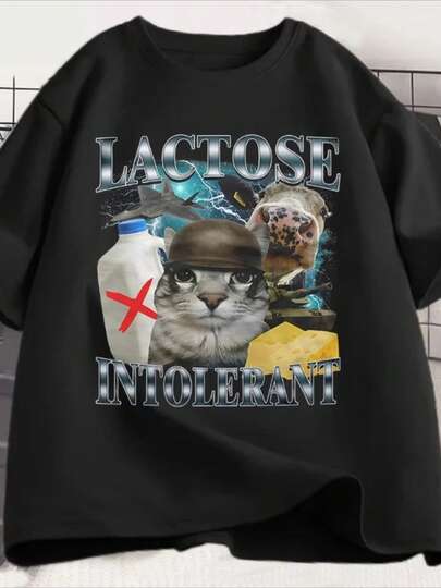 Camiseta divertida de meme de gato intolerante a la lactosa - Camiseta gráfica retro de intolerante a la lactosa con texto de intolerante a la lactosa y diseño de leche sin lactosa - Camiseta para hombres y mujeres