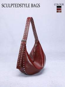 1pc Maillard Color Rivet Studded Asymmetric Shoulder Bag, European & American Fashion Personalized Motorcycle Bag, Women's Soft Slouchy Large Capacity Dumpling Bag, Punk Rock Style, Suitable For Daily Commute, Street Wear, And Dates - Multicolor - View 12