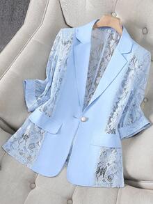 女士浅蓝色薄纱西装外套，轻薄夏季休闲办公上衣，短款七分袖春季套装 - 藍色 - 查看 12