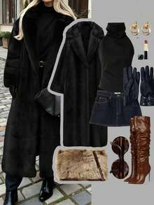 秋冬新款纯色宽松长款仿皮草外套，保暖加厚绒毛女式夹克 - 黑色 - 查看 2