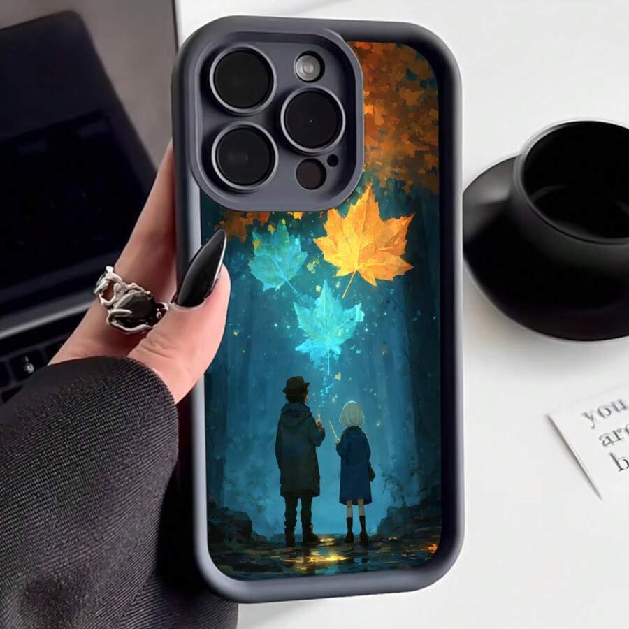 Cubierta de teléfono con diseño artístico para iPhone 14 Pro Max Negro con estampado de hojas de otoño y pareja bajo el bosque mágico ideal para uso diario y regalos - Blanco - Ver 1