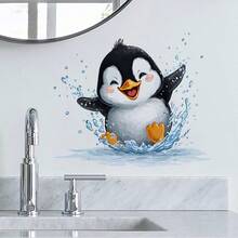 卡通企鹅浴室墙贴，自粘式浴室墙面装饰贴纸，可爱动物梳妆台装饰贴纸，防水清新浴室墙贴 - 彩色 - 查看 8