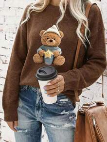 Women's Cartoon Bear Graphic White Hat, Blue Sweater With Star Cup Pattern, Casual Warm Faux Wool Pullover, Suitable For Autumn/Winter, Autumn Outfit, Warm Clothing, Winter Outfit, Jacket, Party Outfit, Holiday Outfit, Elegant Party, Cozy Home Party, Autumn Wear, Warm Clothing, Cold Weather Outfit, Outerwear Top, Graphic Tee - Dark Ochre - View 3