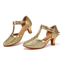Damen Lateintanzschuhe, paillettenbesetzte geschlossene Tanzsschuhe für Ballroom, Salsa Training und Aufführungen, Hochzeitsparty Tanzschuhe mit hohem Absatz - Gold - Übersicht 5