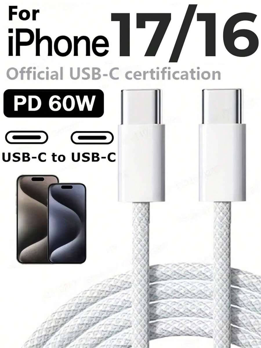 NNBILI 原装 PD 60W 快充 USB-C 转 C 型数据线，兼容苹果 15/16/17 Pro Max、三星 S26/S25/S24/S23/S22/S21 Ultra 以及小米手机，灰色。