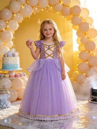 Young Girls' Elegant Purple Mesh Sequin Cap Sleeve Dress
