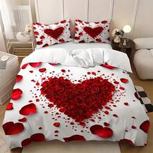 3pcs Red Heart Rose Print Duvet Cover Set, White Base Color With Red Rose Heart Pattern And Scattered Rose Petals Decor, Romantic Atmosphere, (1 Duvet Cover + 2 Pillow Shams, No Filling), Suitable For Bedroom And Guest Room Bedding Decoration - Red - View 6