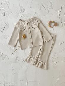 2件套幼儿女童蕾丝边彼得潘领卫衣和打底裤套装，春秋季 - 杏色 - 查看 9