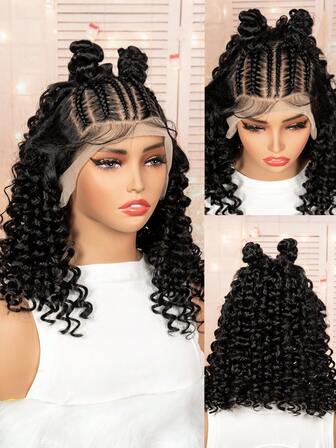 16 Inches 13X6 Braided Lace Front Braid Wig For Women, Wavy Curly Wig, 180% Density Wig, Knotless Box Braid Wig, Perfect For Halloween, Christmas, Parties And Festivals