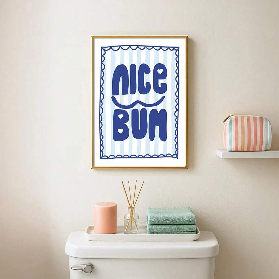 1 Stück gerahmtes/ungerahmtes Vintage Lustig Zitat Leinwand Poster, blau gestreifter Text, Badezimmer Wandkunst Muster, minimalistischer Toiletten Dekor, amüsante Kunst, geeignet für Badezimmer, Wohnheim, Wohnzimmer, Schlafzimmer, moderne Heimdekoration