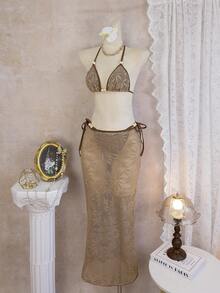 新款枫叶海滩度假村串珠装饰性感比基尼套装，含罩衫和裙子，适合夏季度假 - 棕色 - 查看 4