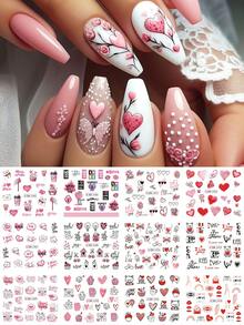12 Designs/Sheet Cartoon Pink Heart Nail Stickers Valentine's Day Design Pink Red Gradient Hollow Sweet Love Heart Lock Cloud English Letter Lips Dessert Coffee Water Transfer Slider DIY Date Wedding Holiday Romantic Fashion Salon Manicure Decoration Nail Supplies For Women And Girls Gift