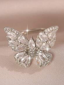 1pc Funky Butterfly Shape Full Inlay CZ Single Rings Versatile Shining Cubic Zirconia Women Ring Suitable For Daily Commute Festival Gift Copper Jewelry - Butterfly - View 11