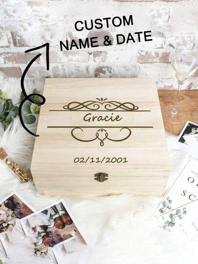 1pc Customizable Name & Date Wooden Jewelry Box, Rectangular Covered Box, Wooden Storage Box, Jewelry Box, Wooden Organizer Box, Suitable For Anniversary, Wedding, Memorial, Birthday, Valentine's Day, Grandmother/Mother's Day, Keepsake And Home Decor Gift. Compact And Easy To Assemble, Convenient For Jewelry Storage.