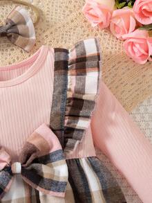 Baby Girls Valentine's Day Red Plaid Cute Bow Plaid Patchwork Ruffle Hem Long Sleeve Dress + Bow Hair Scrunchie - Pink - View 8