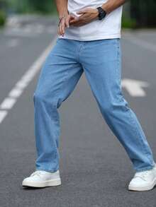 DG XUNLIN MODA 2025, Nuevos para hombres, pantalones vaqueros casuales verticales relajados estadounidenses, azul, azul claro, cintura alta, marcas de moda, trabajo diario, viajes, viajes de negocios, primavera, verano, otoño e invierno están disponibles - azul claro - Ver 5