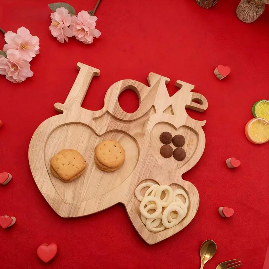 1pc Valentine's Day Limited Edition | LOVE Wooden Dessert Plate, Romantic Serving Tray, Enhances Date Night Ambiance - Multicolor - View 1