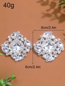 1 đôi bông tai kẹp hình vuông màu bạc đính pha lê và đá quý, trang sức - Bạc - Xem 3