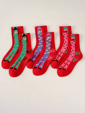 1/3/6 Pairs Plus Size Women Cartoon Horse & Letter Print Mid Calf Socks, Red Socks, New Year Socks, Christmas Socks, Christmas, Snow Socks Comfortable Warm Elegant Cute Girly Happy Socks, Suitable For Modern Home, Sleep, Fashion, Sports, Casual Daily Wear, Knee-High Socks Women's Riding And Knee,High Socks, Comfortable Outdoor Women's Socks