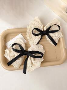 1个女士复古法式蕾丝蝴蝶结发夹，弹性发卡，爪夹，发夹，发卡，女士发饰，头部饰品 - 黑與白 - 查看 5