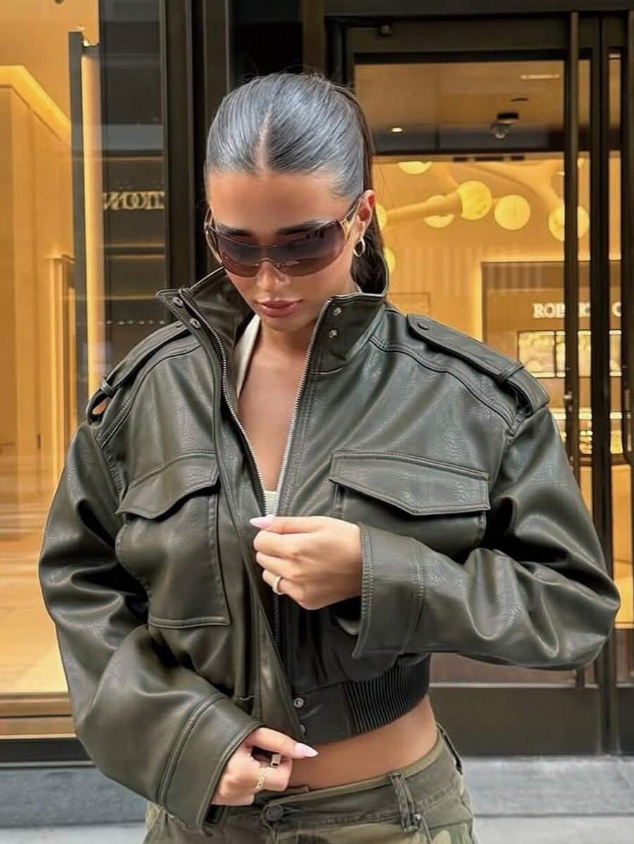 秋冬女式PU皮革翻领短款橄榄绿夹克仿皮拉链外套 - 橄欖綠 - 查看 1
