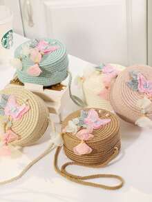 Tassel Butterfly Woven Bag, Cute Cartoon Coin Purse Crossbody Small Round Bag - Multicolor - View 2