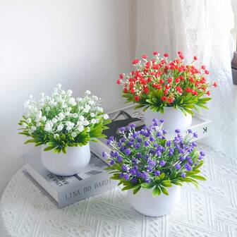 1 pieza Planta potada realista y encantadora de Gypsophila | Mini maceta artificial de ciprés y flor estrella, adecuada para decoración del hogar, bodas, cumpleaños y celebraciones estacionales, de plástico, para colocar en la mesa