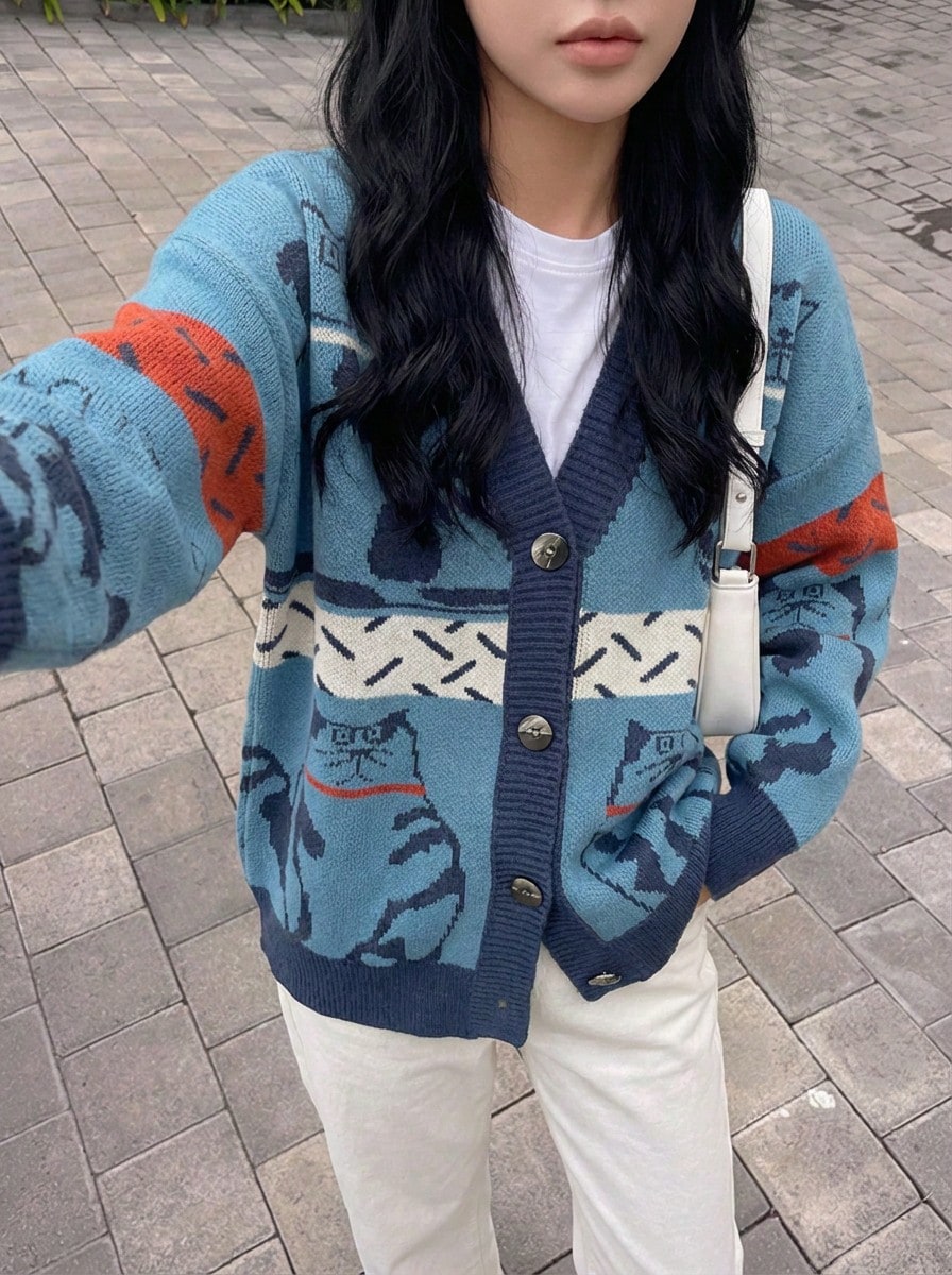 Rikumo Cartoon Pattern Drop Shoulder Oversized Cardigan,Long Sleeve Tops Winter