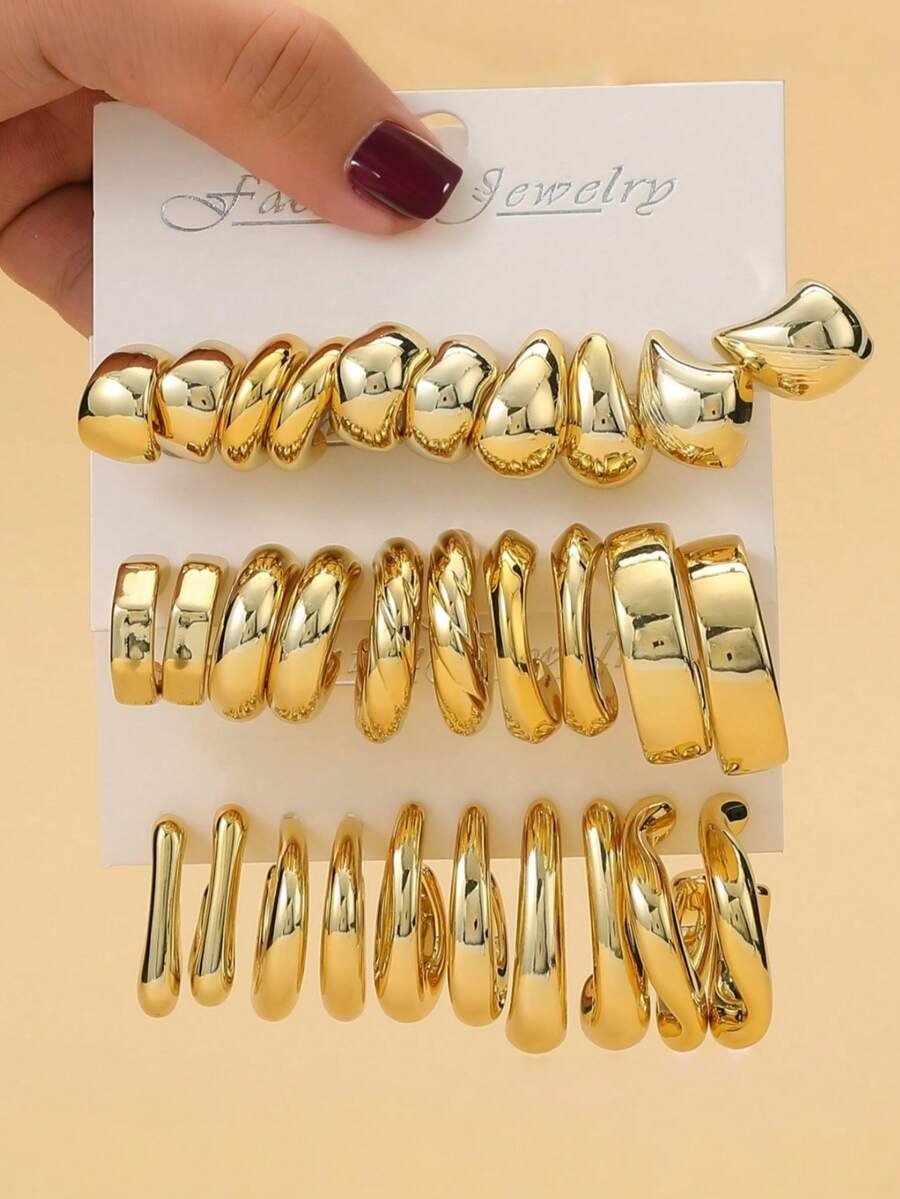 5对/15对新款不规则形状金色轻质塑料材质耳环，适合女性日常佩戴 - 金黃色 - 查看 1