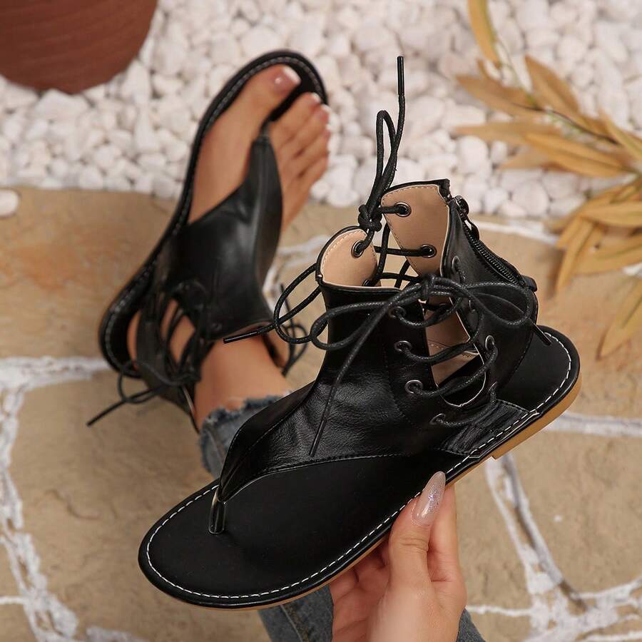 Sandalias romanas de mujer con tacón bajo, con cordones y cremallera en la parte trasera - Negro - Ver 1