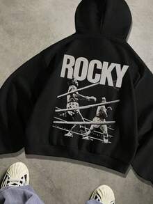 Men's Single Sided Printed Hooded Sweatshirt Rocky Boxing Movie Graphic Print Vintage Sport Style Kangaroo Pockets And Drawstrings Long Sleeves Loose And Casual Thick Fabric Ideal For Gifts In Autumn And Winter High Quality Men's Clothing S To XL - Negro - Ver 4
