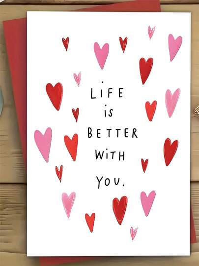 1pc Elegant Handmade-Style Heart Pattern Anniversary Card With Envelope - Pink & Red Heart Design, "Life Is Better With You" Message, Pastel Love Card For Couples, Wedding, Valentine's Day, Valentine's Gift, Wedding Anniversary Card - Soft Pink & White Hearts, Handmade Paper Keepsake, No Electricity Needed, Perfect For Any Occasion, Thoughtful Romantic Gesture For Partners