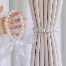 1pc Ribbon Faux Pearl Curtain Tieback ,French Style Pearl Bow Tie Curtain Tiebacks,Bow Decor Curtain Tieback,Gauze Ribbon Curtain Rope Curtain Holdback For Bedroom Living Room Home Decor - Multicolor - View 8