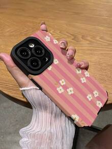 1pc Fashionable Minimalist Pink Striped Small White Flower Pattern Vertical Faux Leather Texture Anti-Slip Anti-Drop Soft Protective Phone Case Compatible With Apple And Phones (17/17 Air/17 Pro/17 Pro Max) - Multicolor - View 5