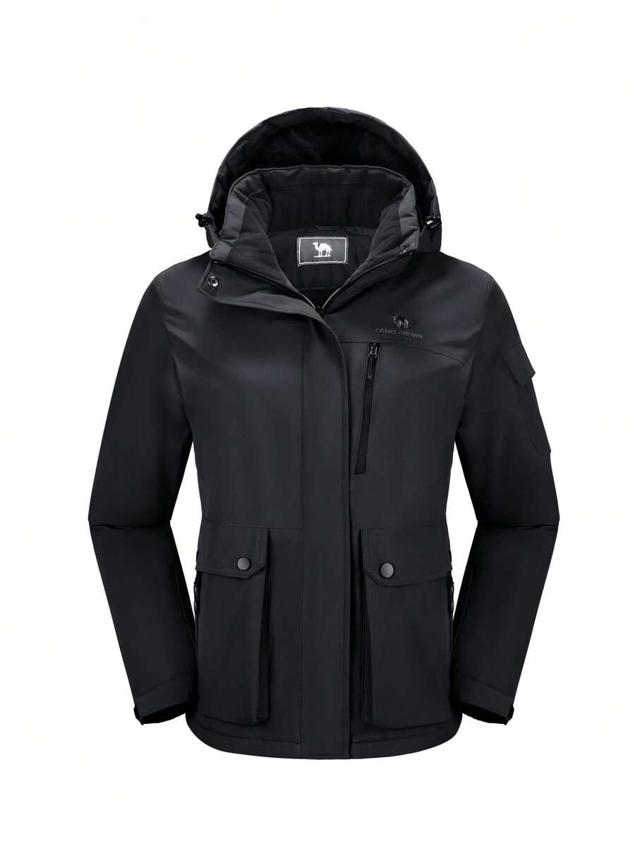 CAMEL CROWN 女士防水滑雪服，保暖冬季雪地外套，带帽户外滑雪服 - 黑色 - 查看 1