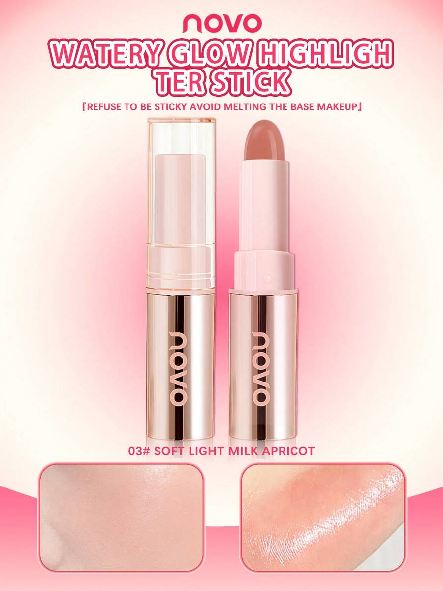 NOVO 保湿高光棒，腮红修容棒，打造透明光泽肌肤，珠光闪耀，顺滑易涂抹，适合日常妆容、秋冬季、新年妆容、送礼、毕业典礼、派对、音乐节、Y2K风格、可爱 - 03#柔光奶杏 - 查看 1