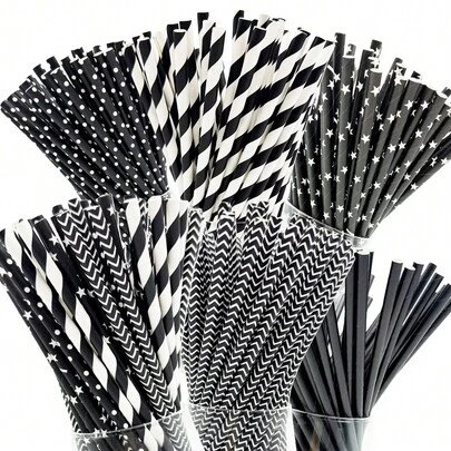 25pcs/100pcs Black Series Paper Straws, Various Printed Designs, Party Decoration Straws, Disposable Beverage Paper Straws, Suitable For Juice, Milkshake, Summer Cocktail, Graduation Party Supplies