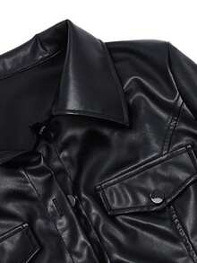 Chaqueta de mujer Chaqueta motera de estilo urbano europeo y americano para mujer Chaqueta de cuero con solapa y cierre de botones Chaqueta corta ideal para el otoño con un diseño sexy de top corto Chaqueta corta de cuero con cierre de botones Prenda exterior con solapa y bolsillos Chaqueta de cuero con un estilo motero moderno y atrevido - Negro - Ver 11