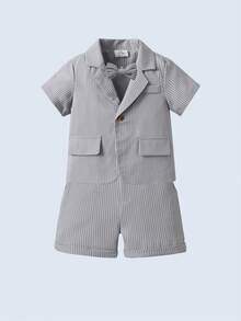 BOARNSEORL 2pcs Young Boys Gentleman Suit - Gray Short Sleeve Blazer With Bow Tie And Gray Shorts, Fashionable, Suitable For Birthday Party, Formal Event, Wedding, Versatile - Grey - View 5
