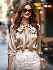 优雅女士V领蝴蝶结长袖缎面衬衫，适合所有季节，可用于办公室、正式和休闲场合，春季必备 - 香檳色 - 查看 7